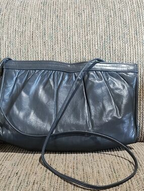Vintage Dark Gray Leather Wristlet Clutch, '80s